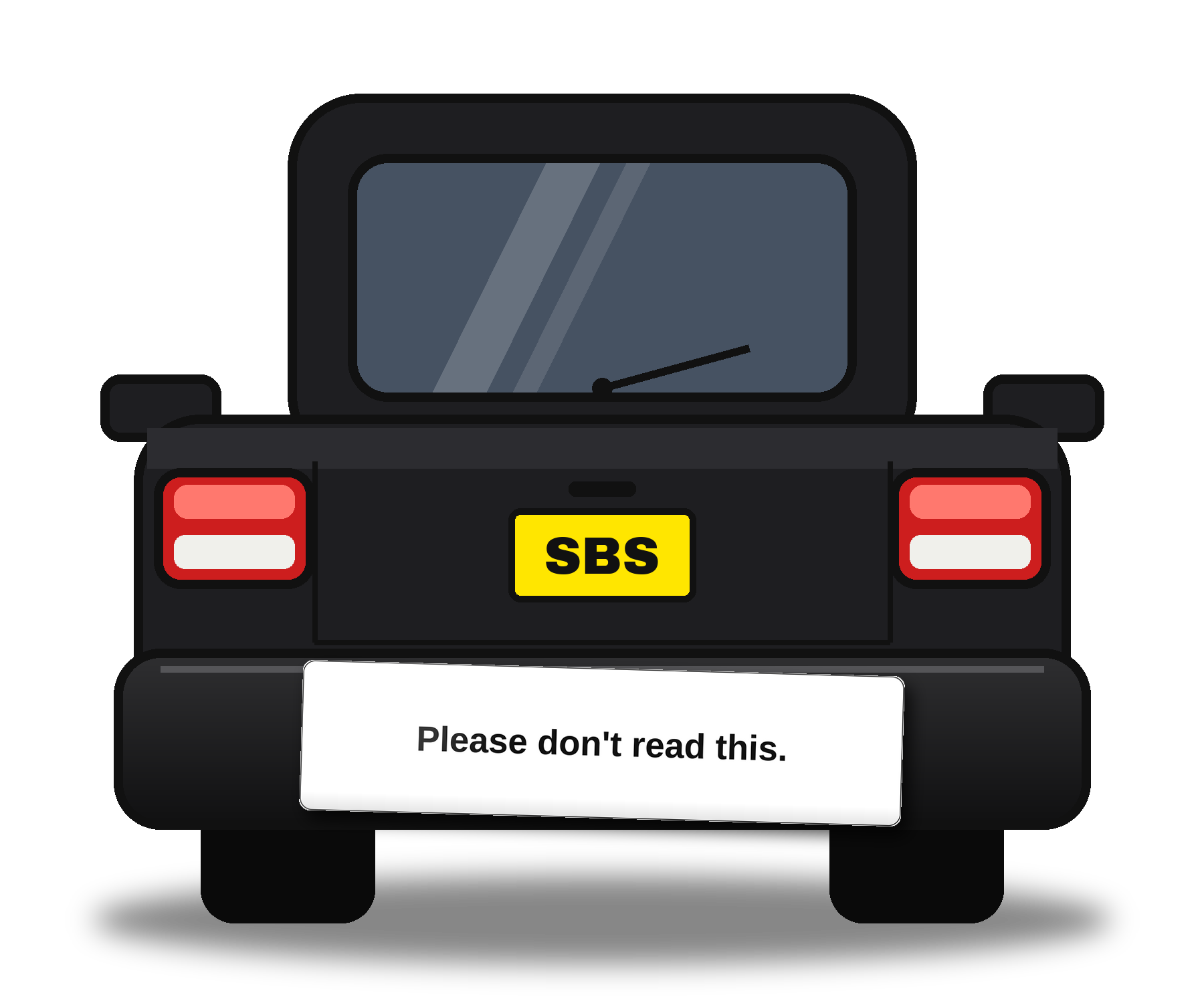 Car rear bumper with a sticker that says Please don't read this.